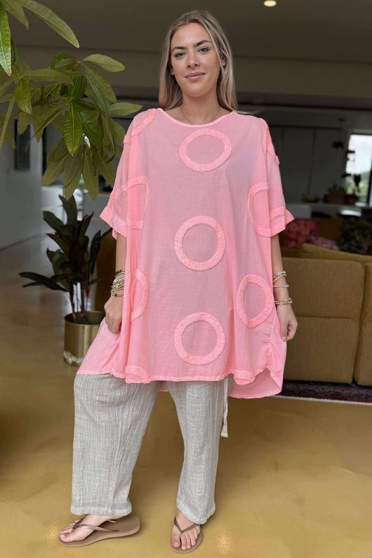 Made in Italy Sa Caleta Circle Longline Boyfriend Top Washed Sherbet Coral /7 =
